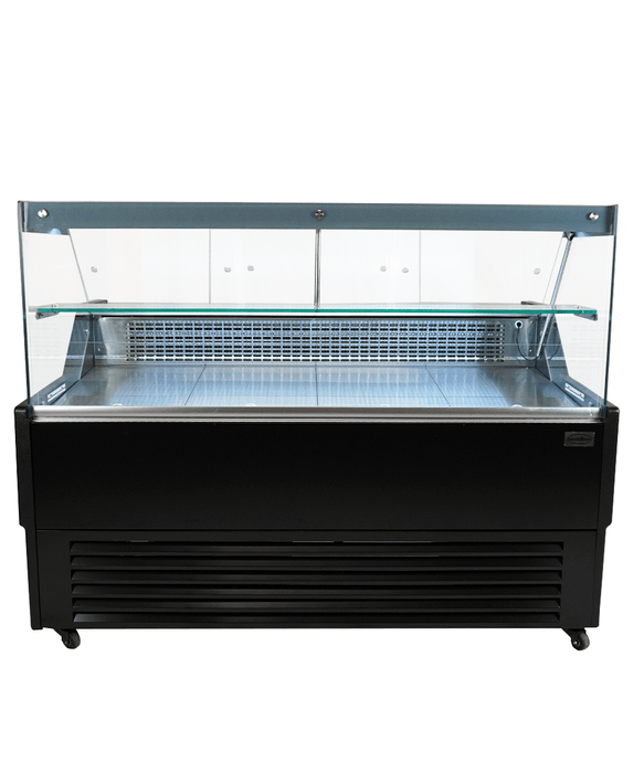 Black front and anthracite sides countertop cold display unit with straight glass front and LED interior lighting view 2