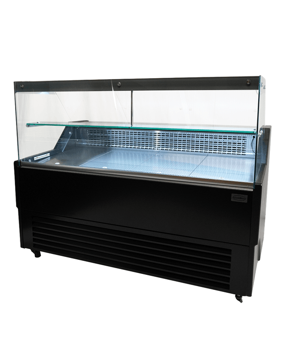Black front and anthracite sides countertop cold display unit with straight glass front and LED interior lighting view 3