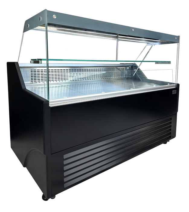 Black front and anthracite sides countertop cold display unit with straight glass front and LED interior lighting