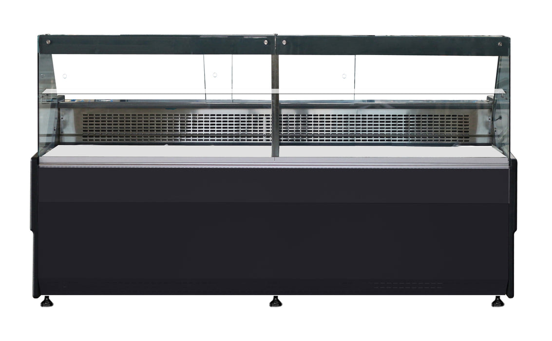 Black and stainless steel ventilated display fridge with straight glass front and LED lighting view 2