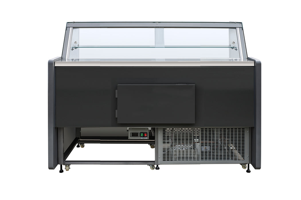 Black freestanding cold display cabinet with straight glass door and LED interior lighting view 2