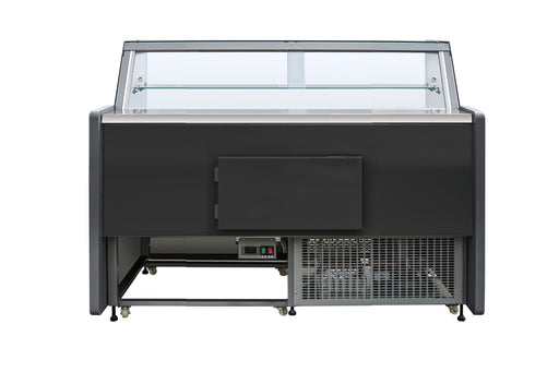 Black freestanding cold display cabinet with straight glass door and LED interior lighting view 2