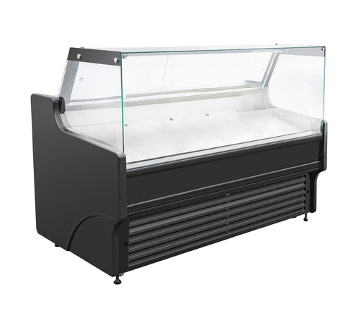Black freestanding cold display cabinet with straight glass door and LED interior lighting