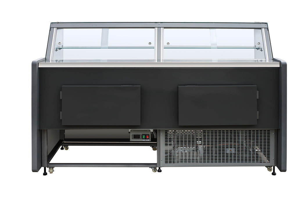 Black freestanding refrigerated display case with straight glass front and LED lighting view 2