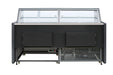 Black freestanding refrigerated display case with straight glass front and LED lighting view 2
