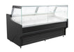 Black freestanding refrigerated display case with straight glass front and LED lighting