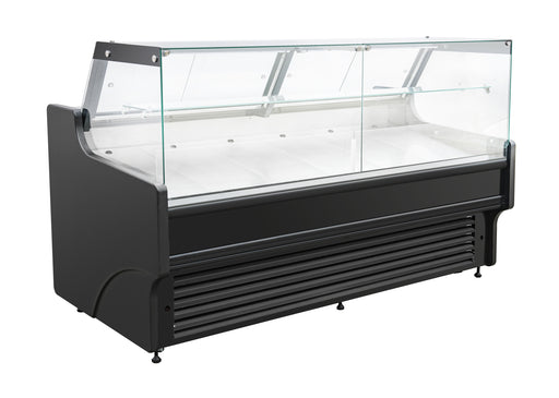 Black freestanding refrigerated display case with straight glass front and LED lighting