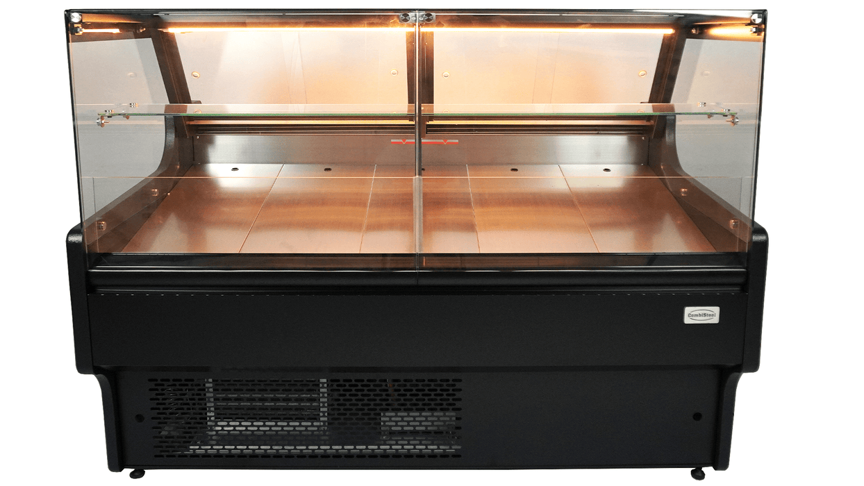 Black freestanding glass door display fridge with LED interior lighting and digital temperature control view 3
