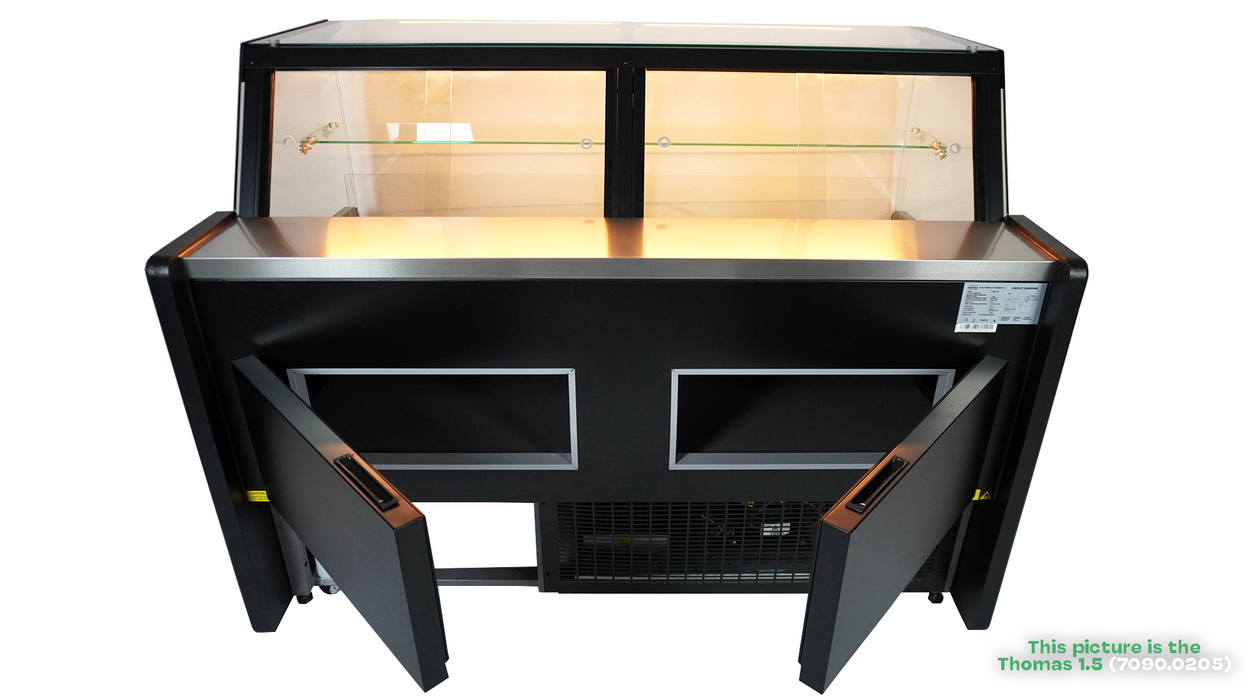 Black freestanding refrigerated display case with straight glass front and LED lighting view 7