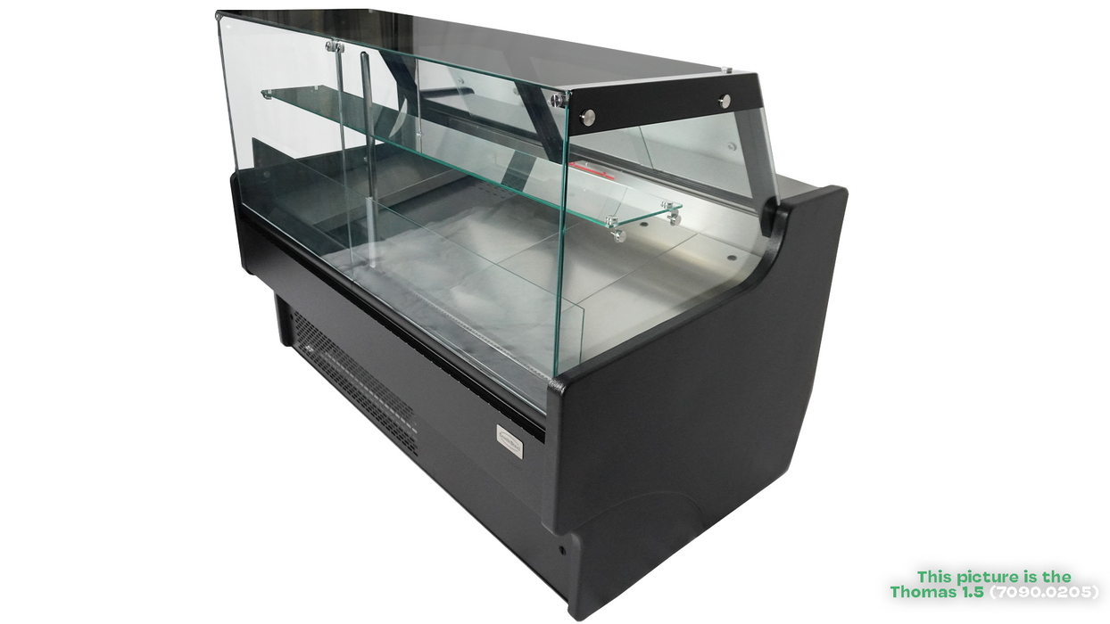 Black freestanding refrigerated display case with straight glass front and LED lighting view 5