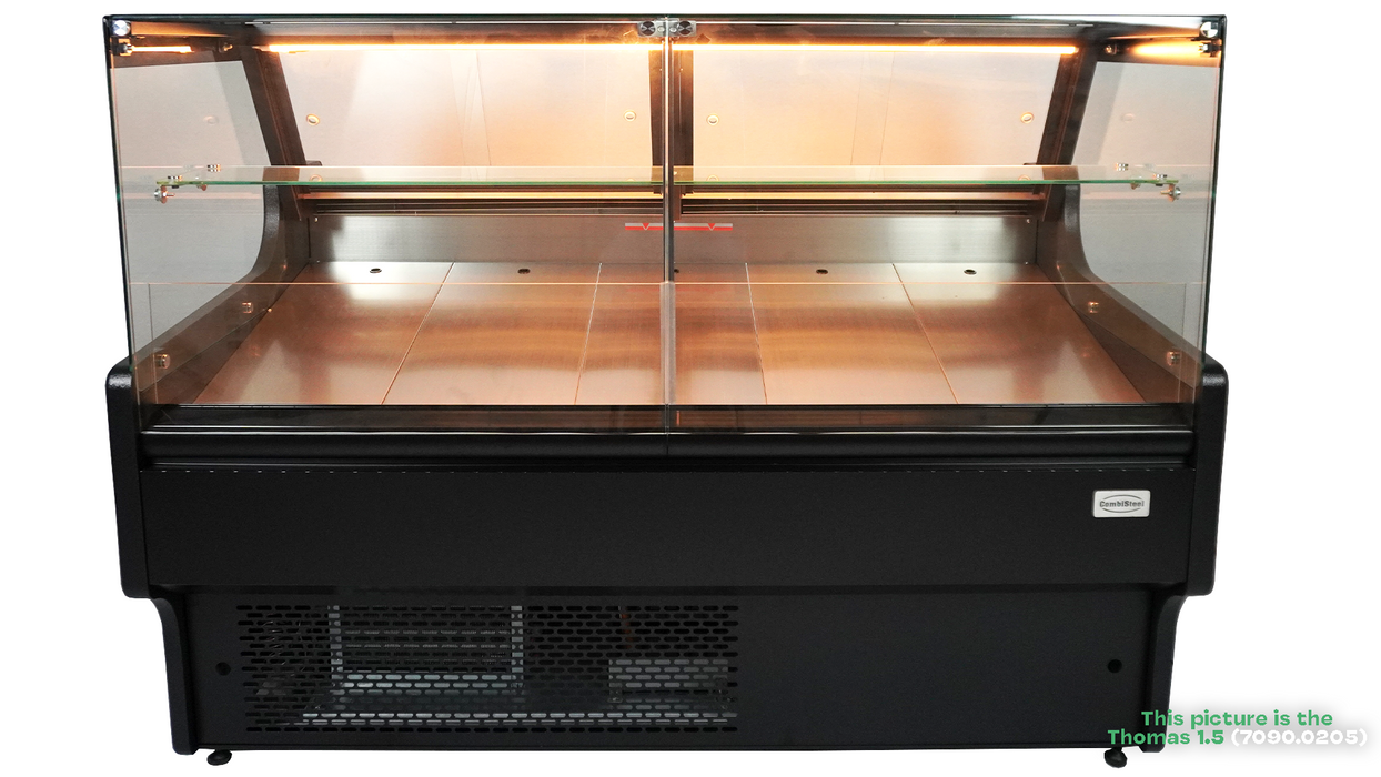 Black freestanding cold display cabinet with straight glass door and LED interior lighting view 4