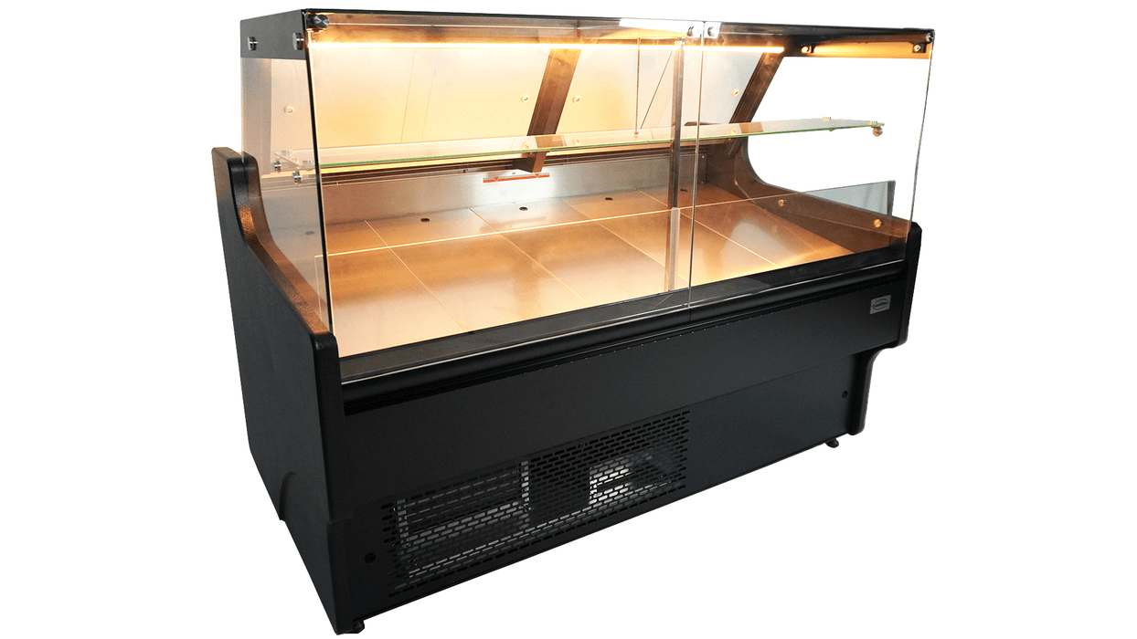 Black freestanding glass door display fridge with LED interior lighting and digital temperature control view 5