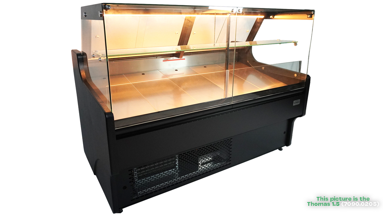 Black freestanding cold display cabinet with straight glass door and LED interior lighting view 5