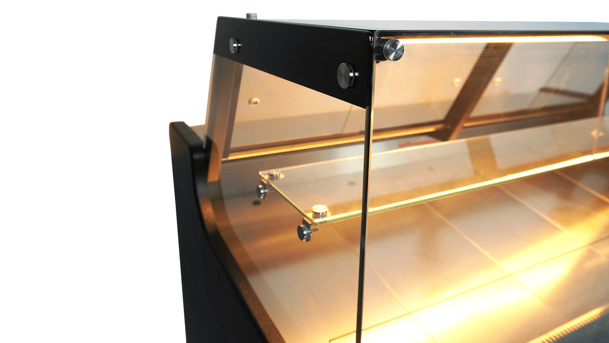 Black freestanding glass door display fridge with LED interior lighting and digital temperature control view 6