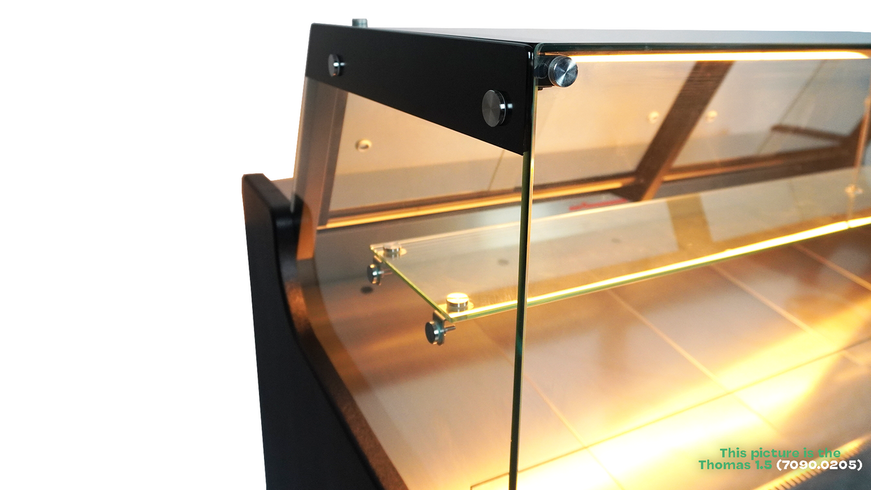 Black freestanding refrigerated display case with straight glass front and LED lighting view 4