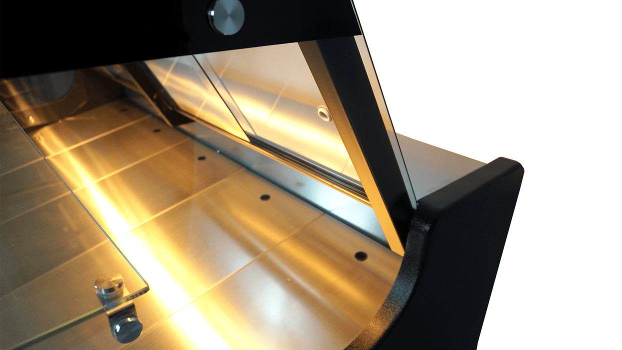 Black freestanding glass door display fridge with LED interior lighting and digital temperature control view 7
