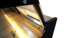 Black freestanding glass door display fridge with LED interior lighting and digital temperature control view 7