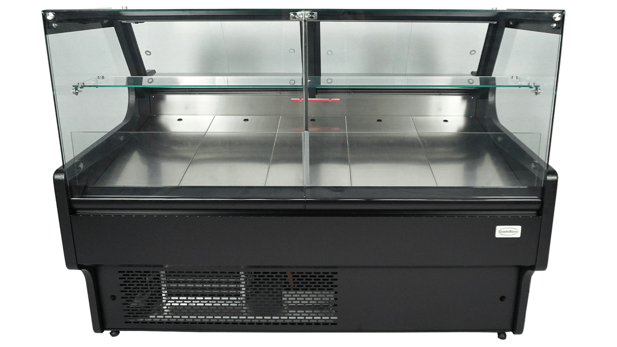 Black freestanding glass door display fridge with LED interior lighting and digital temperature control view 4