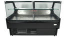 Black freestanding glass door display fridge with LED interior lighting and digital temperature control view 4
