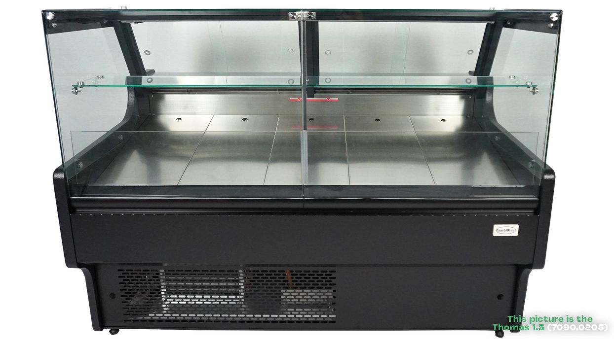 Black freestanding refrigerated display case with straight glass front and LED lighting view 3