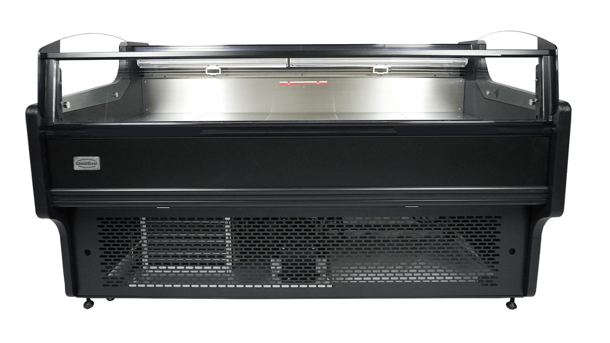 Stainless steel freestanding cold display unit with straight glass front and night cover