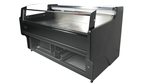 Stainless steel freestanding cold display unit with straight glass front and night cover view 2