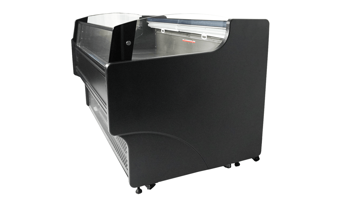 Stainless steel freestanding cold display unit with straight glass front and night cover view 3