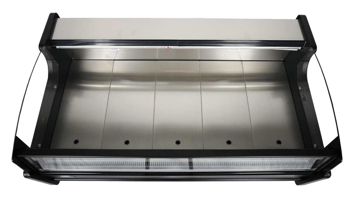 Stainless steel freestanding cold display unit with straight glass front and night cover view 4
