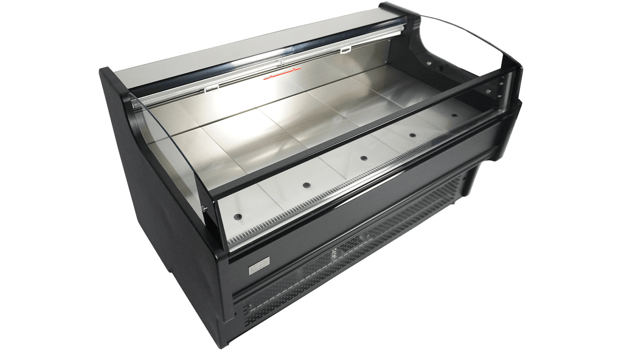 Stainless steel freestanding cold display unit with straight glass front and night cover view 5