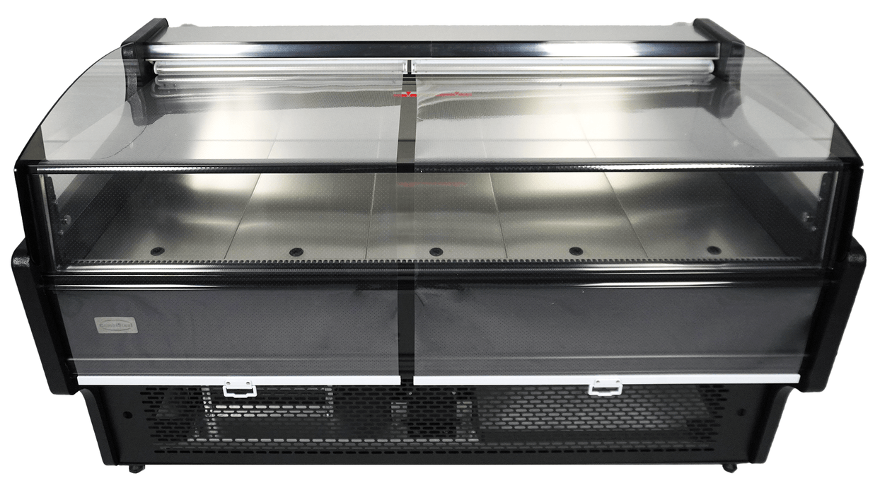 Stainless steel freestanding cold display unit with straight glass front and night cover view 7