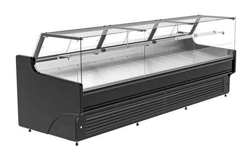 Black freestanding refrigerated display case with LED lighting and stainless steel interior