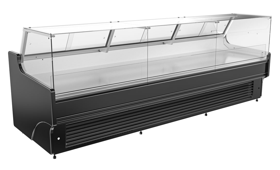 Black freestanding refrigerated display case with LED lighting and stainless steel interior