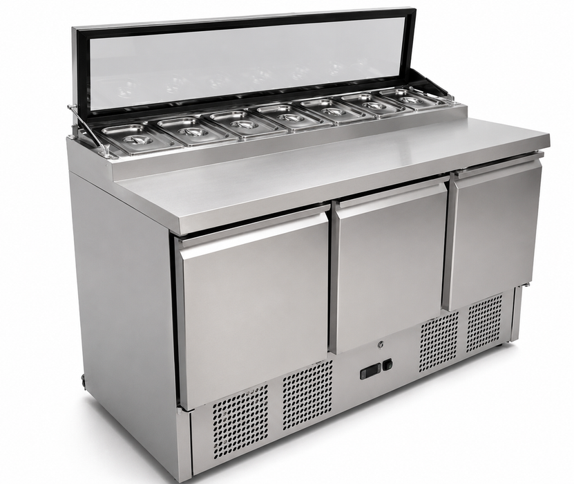 Stainless steel three door saladette prep counter with lockable doors and fan cooling