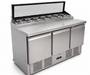 Stainless steel three door saladette prep counter with lockable doors and fan cooling
