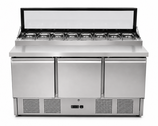 Stainless steel three door saladette prep counter with lockable doors and fan cooling view 2