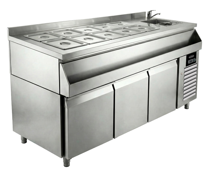 Three door stainless steel refrigerated counter with cocktail bar station top
