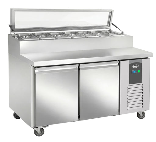 Stainless steel 2 door saladette counter fridge with glass top cover and GN tray guides