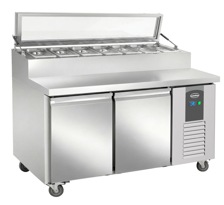 Stainless steel 2 door saladette counter fridge with glass top cover and GN tray guides