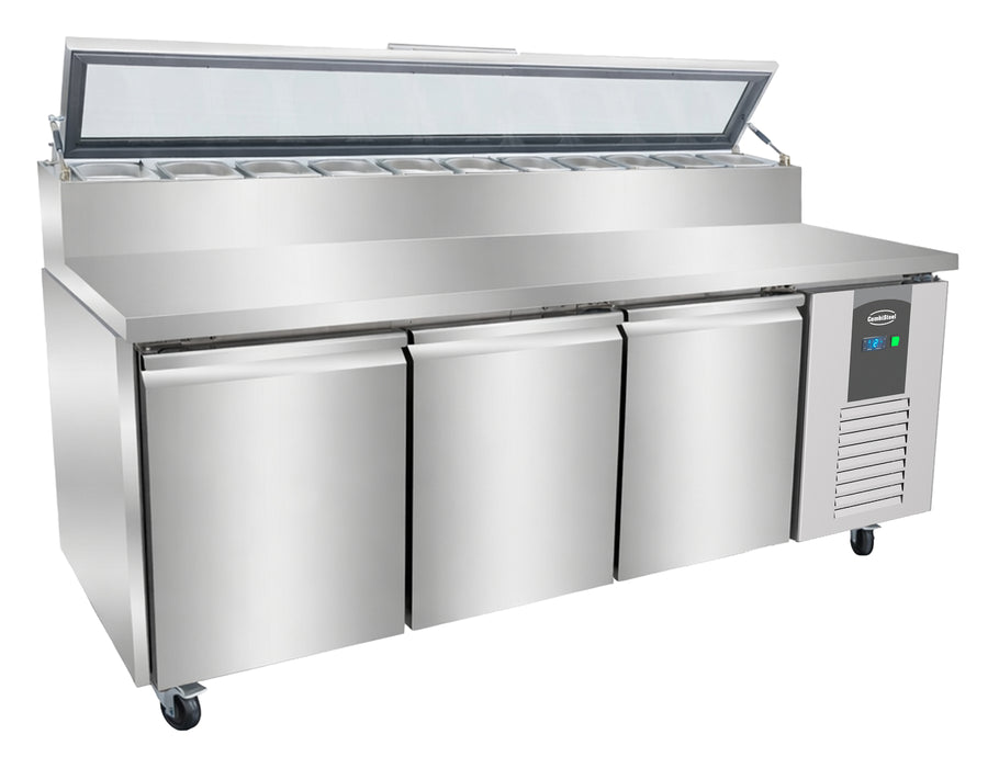 Stainless steel three door refrigerated saladette counter with glass cover and GN containers