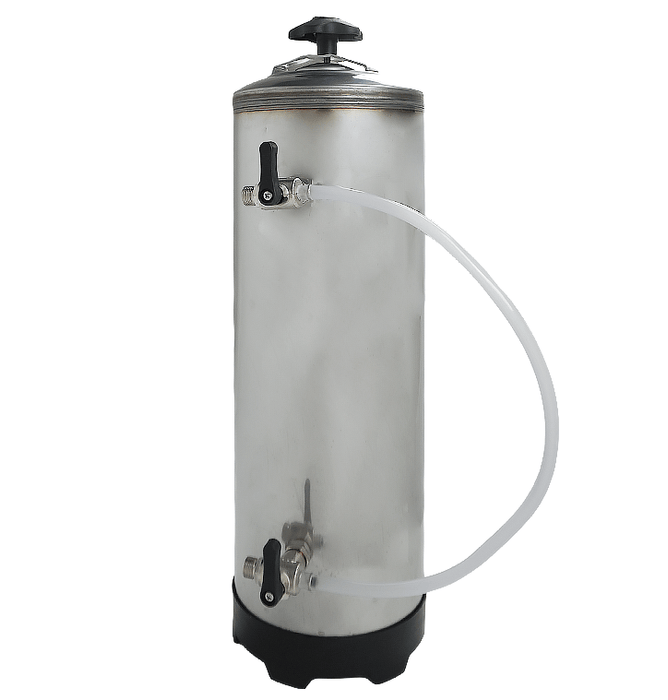 Stainless steel water softener tank, cylindrical shape with inlet connections