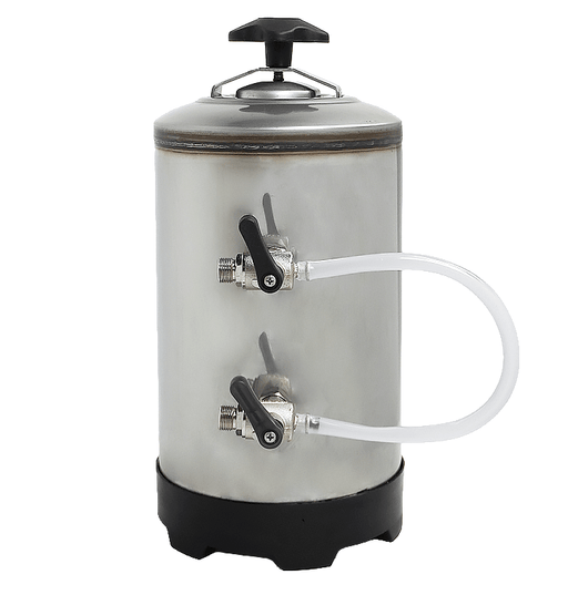 Stainless steel water softener unit, compact rectangular design with connection ports