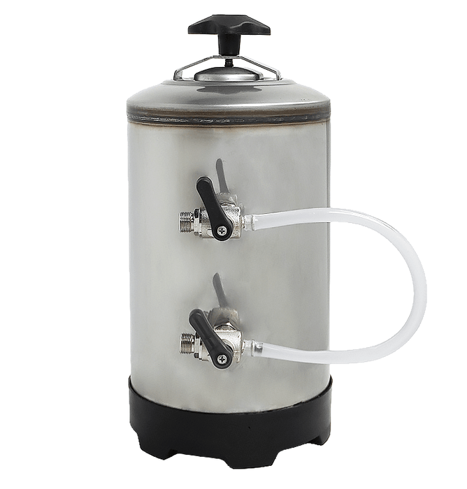 Stainless steel water softener unit, compact rectangular design with connection ports