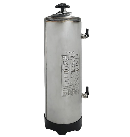 Stainless steel water softener tank, cylindrical shape with inlet connections view 2