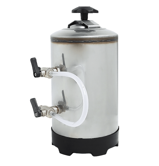 Stainless steel water softener unit, compact rectangular design with connection ports view 2