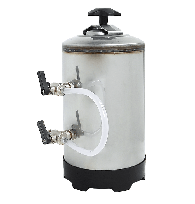 Stainless steel water softener unit, compact rectangular design with connection ports view 2