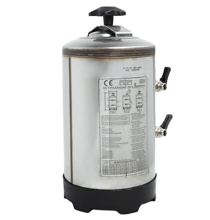 Stainless steel water softener unit, compact rectangular design with connection ports view 3