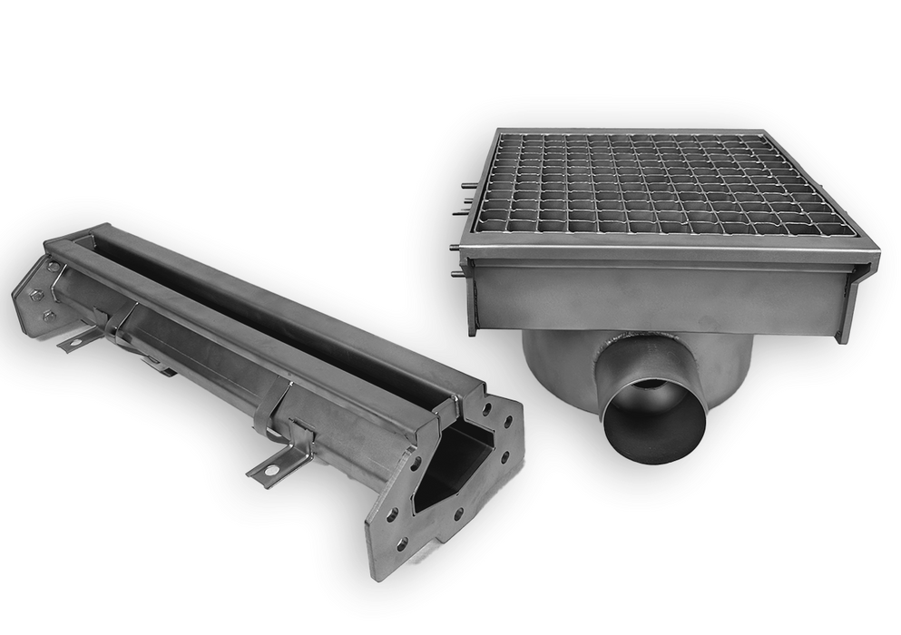 Stainless steel floor drain 300x265mm with single exit for slotted channel view 2