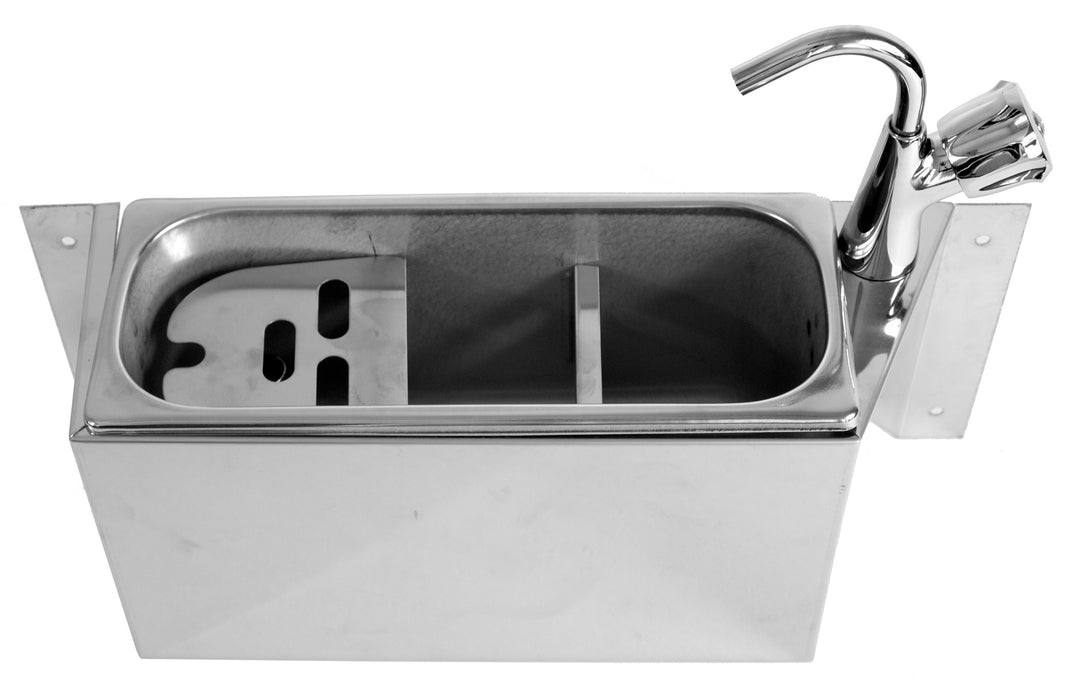 Stainless steel ice cream scoop sink with integrated water tap, 380mm wide