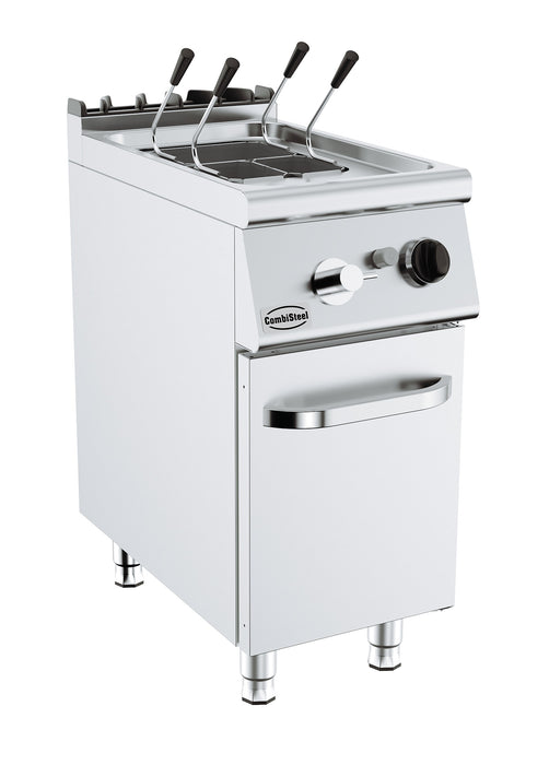 Stainless steel gas pasta cooker with three baskets, compact freestanding model