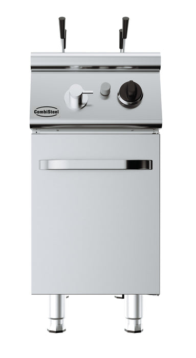 Stainless steel gas pasta cooker with three baskets, compact freestanding model view 2